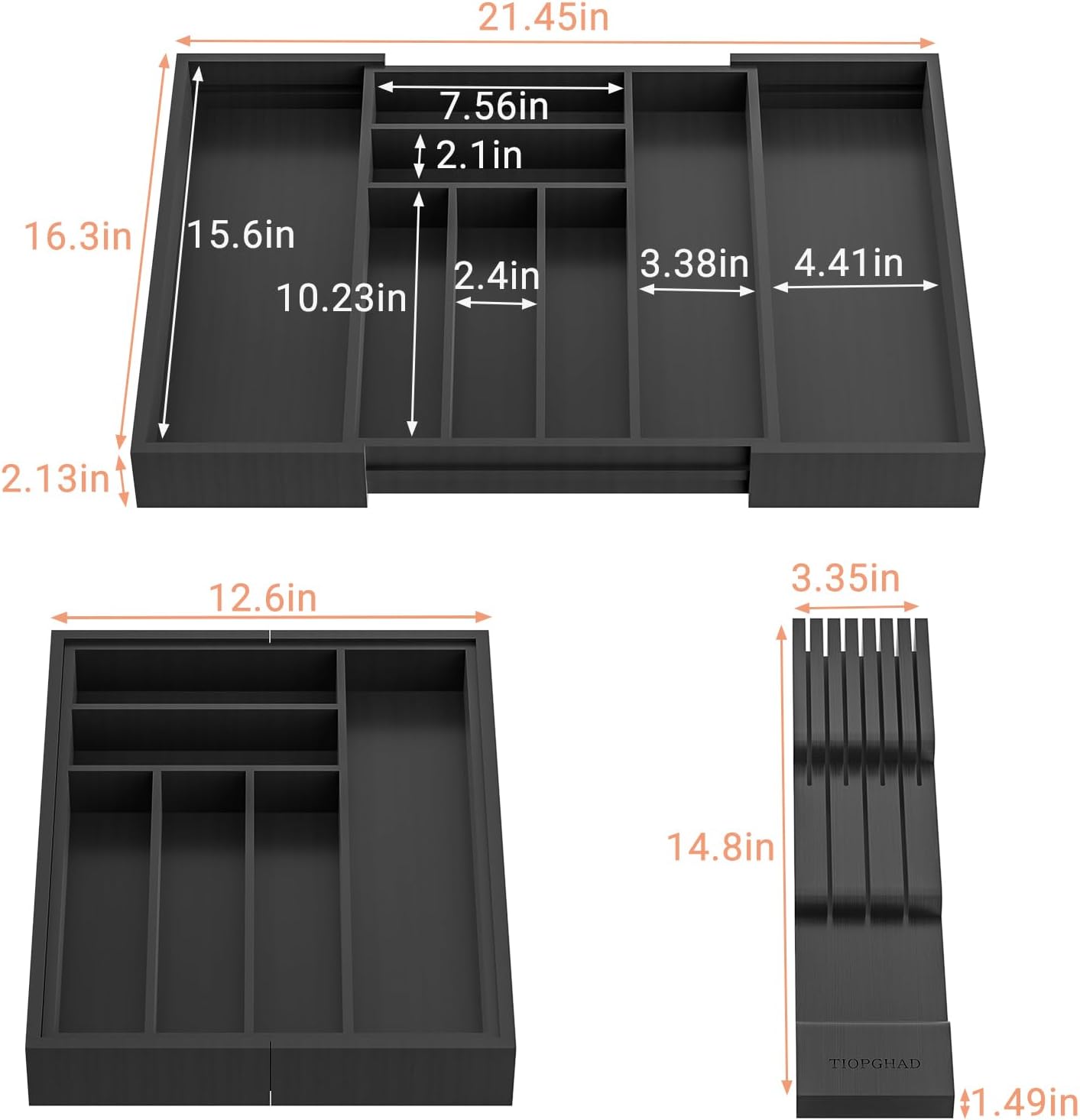 Bamboo-Silverware-Drawer-Organizer-Kitchen, Expandable Utensil Holder Cutlery Tray Flatware Organization Adjustable Wood Tableware Dividers Storage (with Removable Knife Block)(Black)