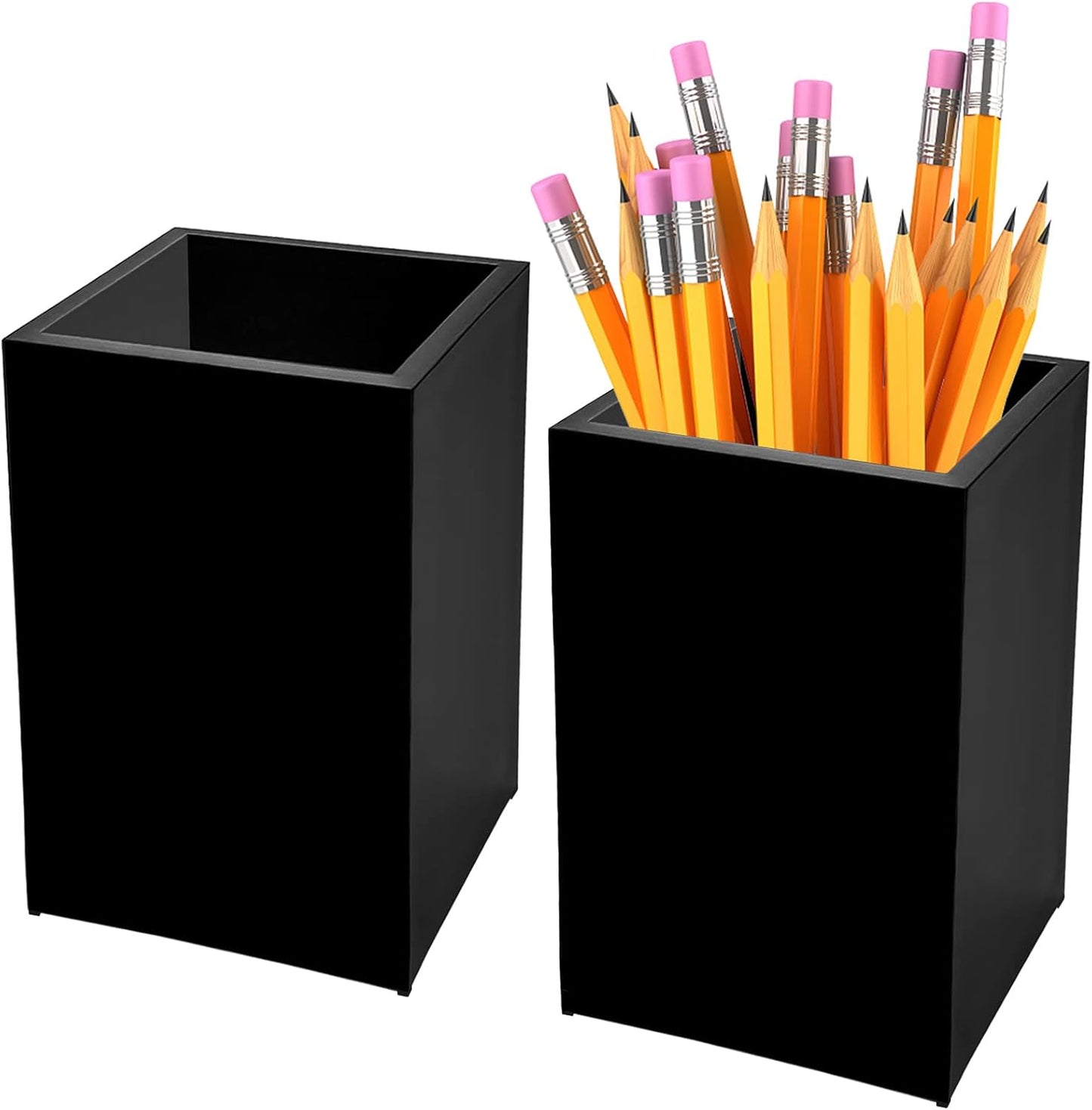 2 Pack Black Acrylic Pencil Pen Holder Cup,Desk Accessories Holder,Makeup Brush Storage Organizer,Modern Design Desktop Stationery Organizer for Office School Home Supplies,2.6x 2.6x 4 inches