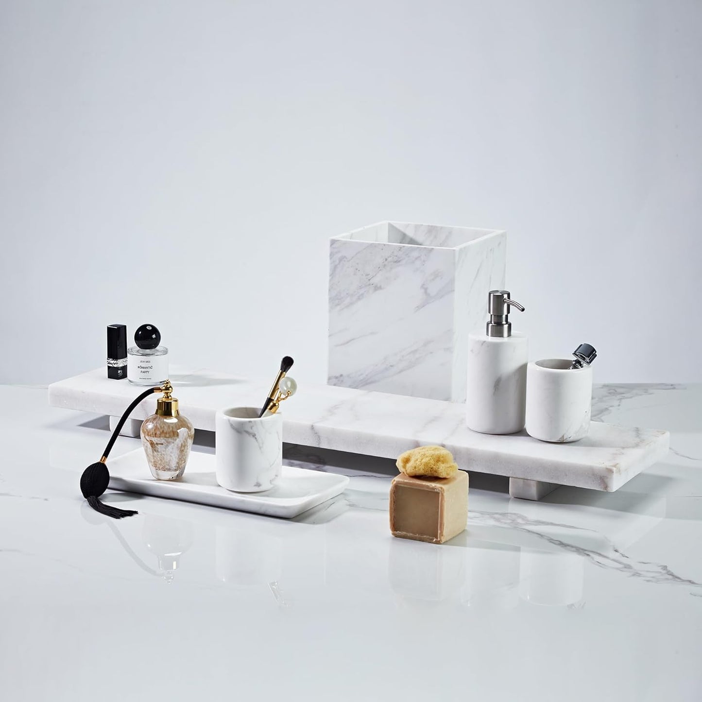 Luxury White Marble Bathroom Essentials Set - Elegant Spa Collection with Timeless Design, High-End Bath Accessories, Premium Stone Craftsmanship for Modern & Classic Decor (Wastebasket)