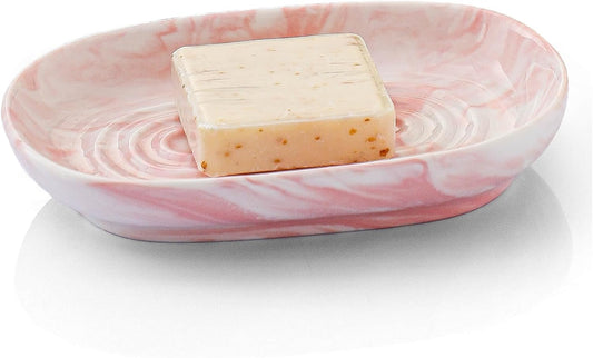 Handcrafted Fancy Ceramic Soap Dish, Decorative Soap Holder with Unique Marble Textures, Multi-Purpose Soap Bar Holder for Bathroom & Kitchen, Non-Slip & Waterproof (Pink Texture)