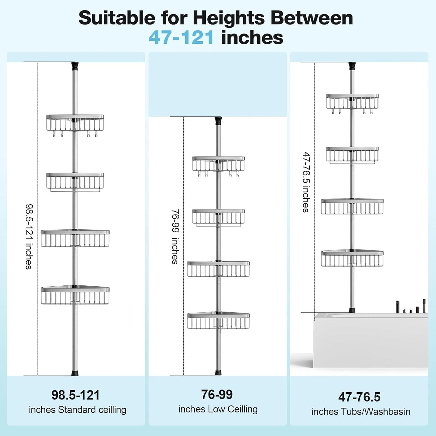 Corner Shower Caddy Tension Pole: Stainless Steel Rustproof 4-Tier Shower Organizer - 47-121 inch Adjustable Bathroom Shelves for Bathtub Shampoo Storage - Tension Rod Floor Standing Bath Rack