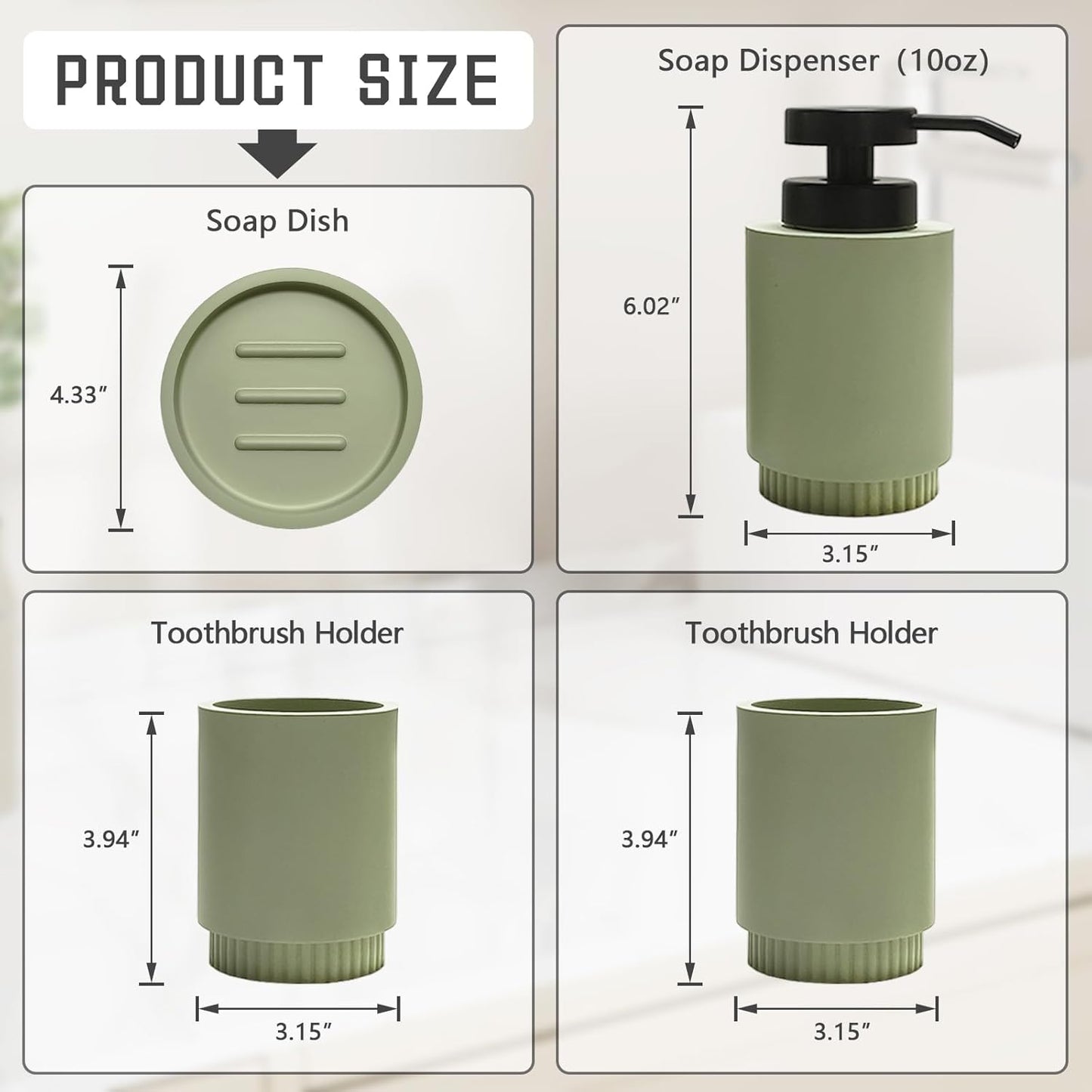 Resin Bathroom Accessories Set, 4 Pcs Modern Bathroom Accessory Set with Liquid Plastic Pump Lotion Soap Dispenser,2 Toothbrush Cup, Soap Dish Countertop Vanity Organizer(Sage Green)