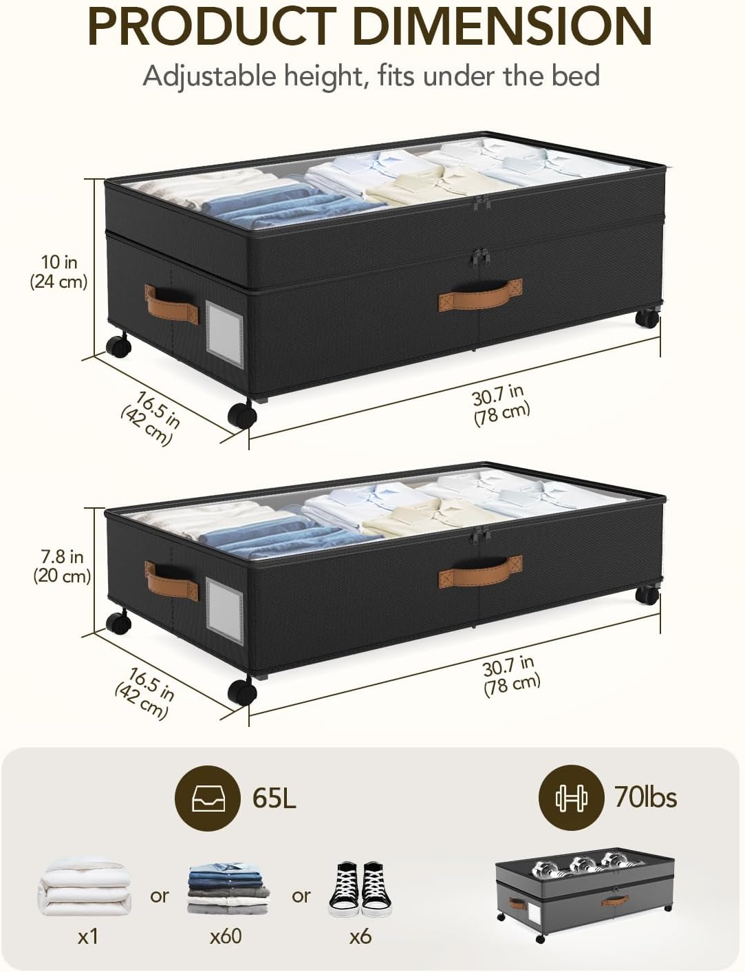 Under Bed Storage with Wheels, 10 inches Under the Bed Storage Containers Large, 65L XXL Adjustable Storage for Underbed with Lids, Rolling for Shoes, Clothes, Blankets, Black