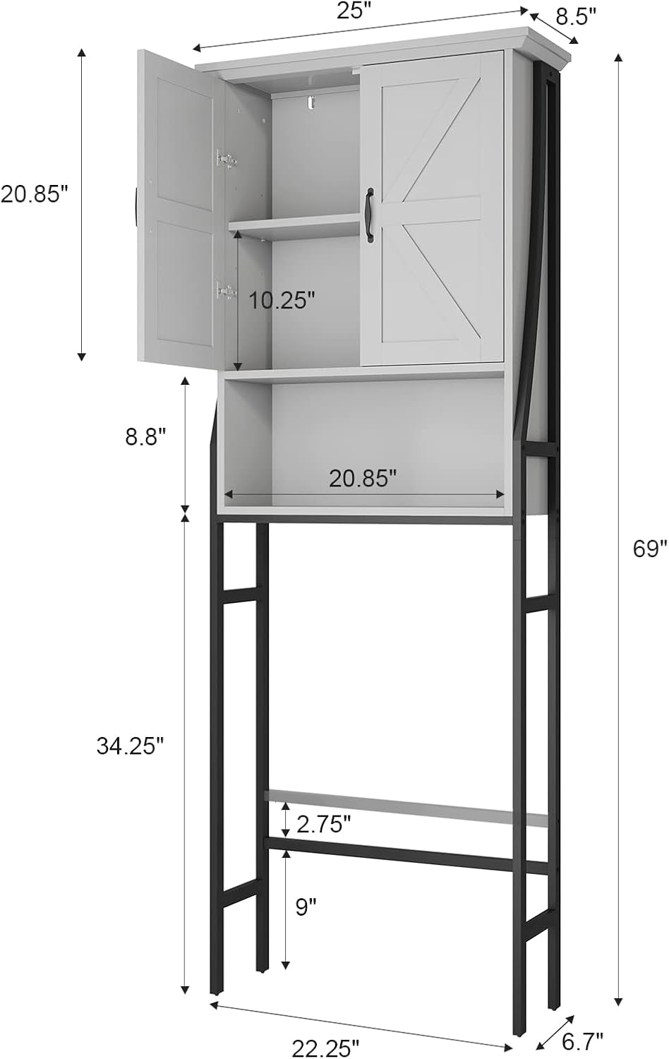 Over The Toilet Storage Cabinet, Over Toilet Bathroom Organizer with Barn Doors Above Toilet Storage Cabinet Spacesaver Rack Behind Toilet Bathroom Organizer (Gray)