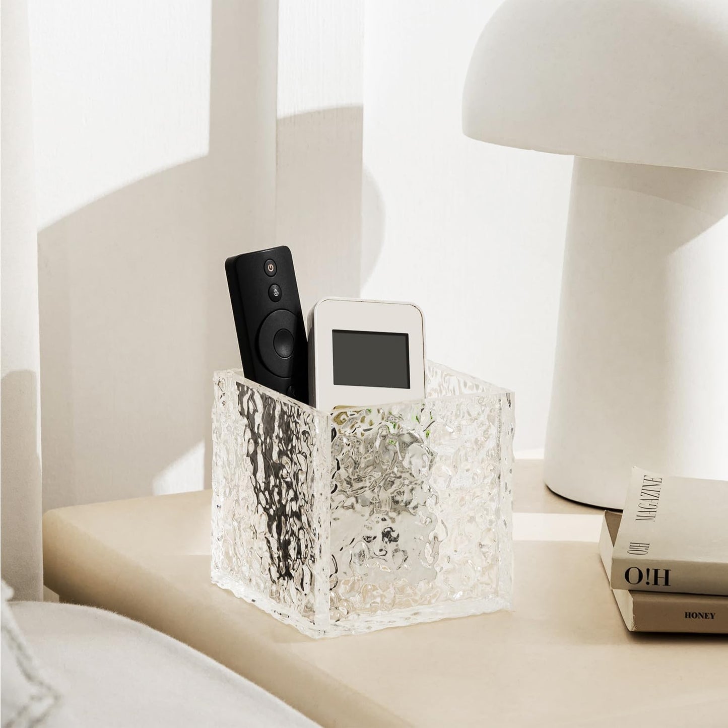 Remote Control Holder, Acrylic Desk Organizer Stone Texture TV Remote Holder Cosmetic Storage Box Modern Remote Organizer Remote Storage Box for Home Office School.