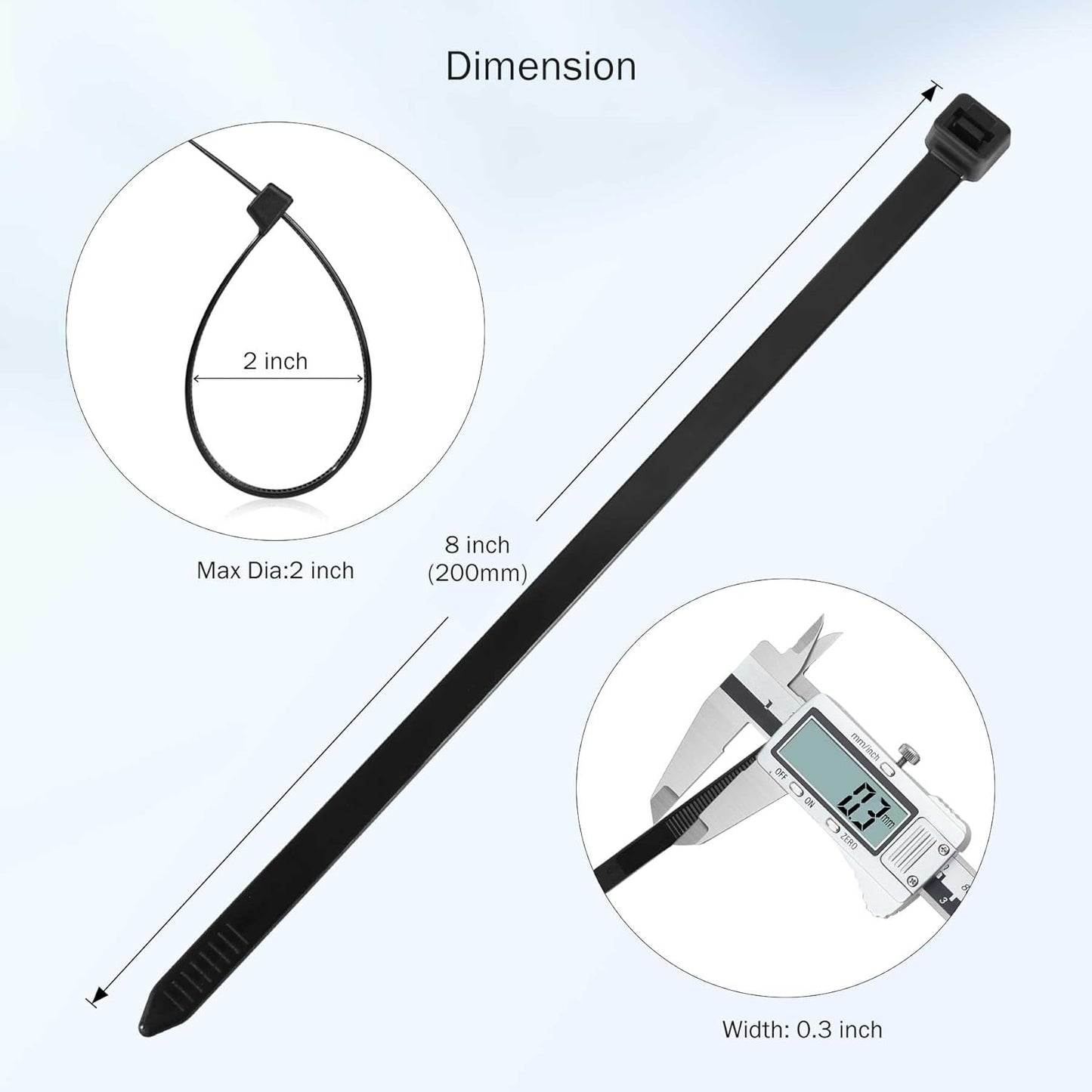 Cable Zip Ties 8 Inch Strong Black Assorted Cable Ties 100 Pack, 120 LBS Tensile Strength Heavy Duty Zip Ties, Multi-Purpose Self-Locking Cable Cord Management, Wire Ties for Indoor and Outdoor