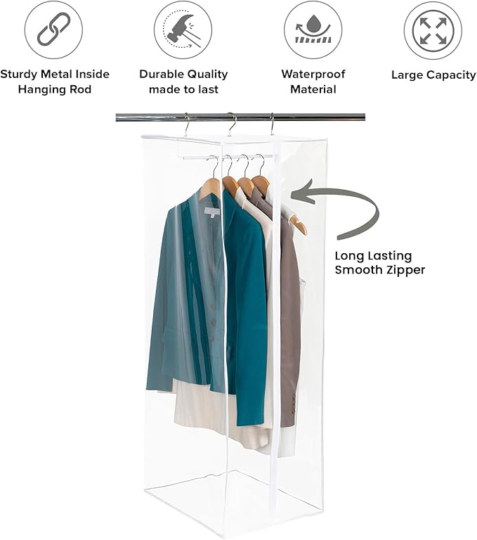 Garment Bag - Clear Hanging Closet Organizer - Durable Zippered Cover with Rod Protects Dresses, Suits, and Jackets from Dust and Moist- Top Metal Frame to Keep All Your Stuff in Shape- 54" x 20" x 15