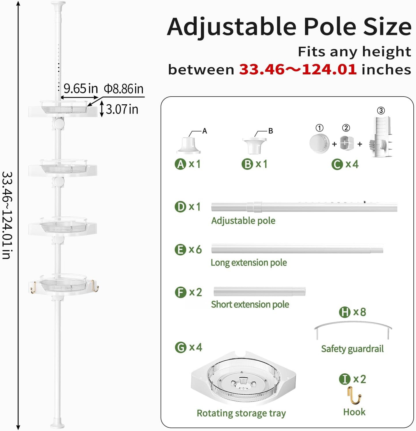 360° Rotating Corner Shower Caddy Tension Pole Organizer - 4-Tier Adjustable Rustproof Metal Pole, Plastic Shelves with Safety Guardrail, Bathroom Storage for Shower & Bathtub(White)