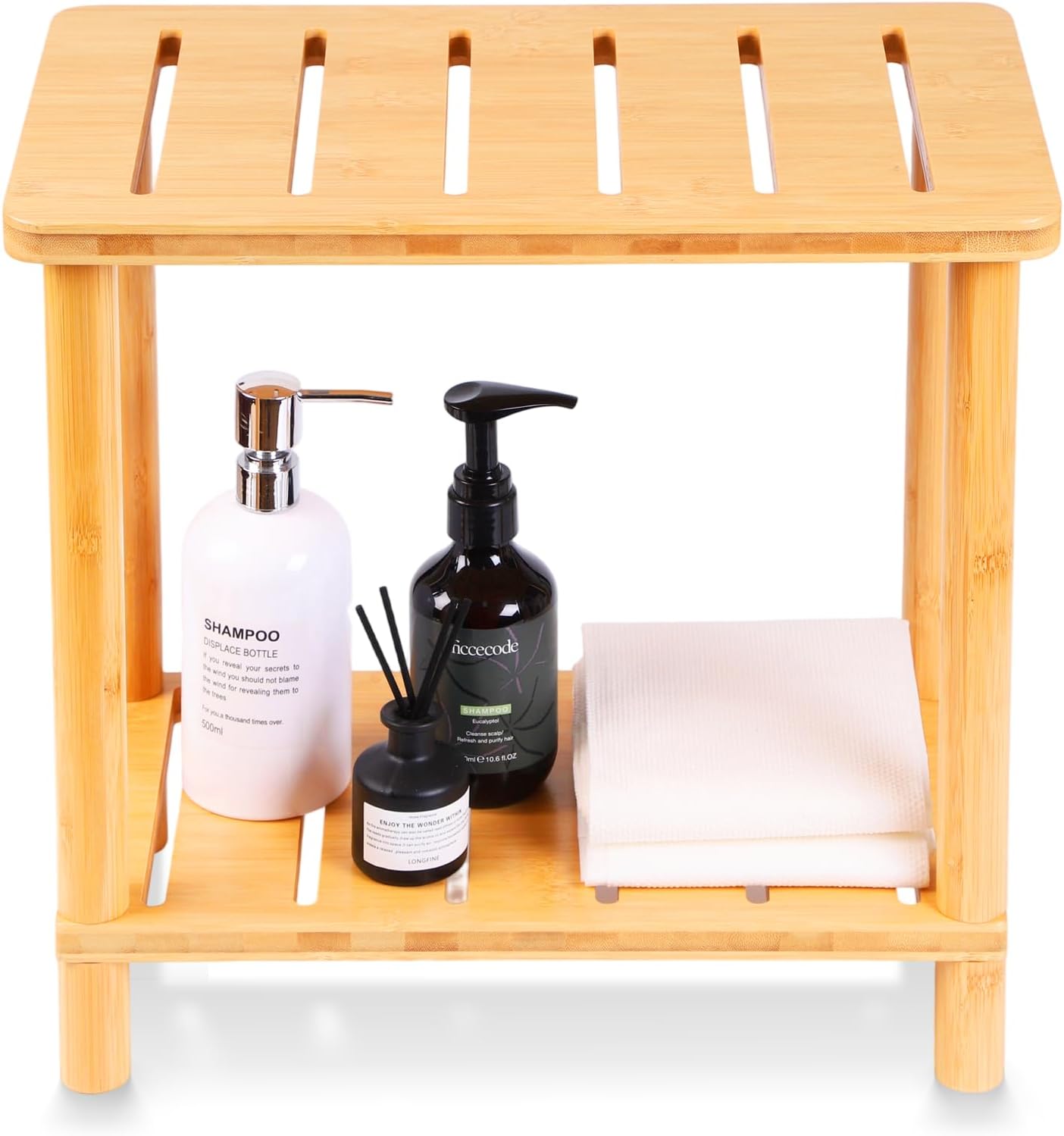 Bamboo Shower Bench Stool, Shower Stool for Inside Shower with Storage Shelf, Waterproof Shower Chair Spa Bath Seat, Bathroom Bench Seat for Adults for Indoor or Outdoor Use.