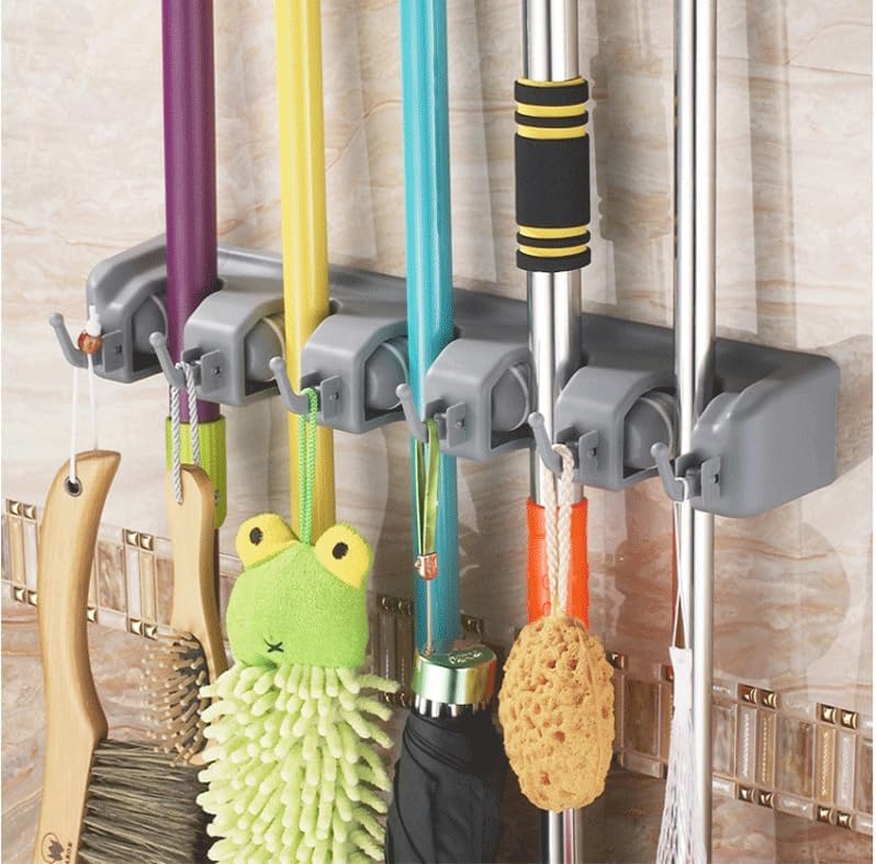 PP Plastic Multi-Function Broom & Mop Wall Mount Holder (16.9×3.35×2.36in, Gray) - Screw-Mounted Space Saver for Kitchen/Garage/Garden Tool Organization