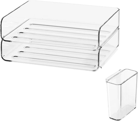 2-Tier Office Organizer with Pen Holder, Stackable Paper Tray for Files, Letters, Books, Clear Paper Folder