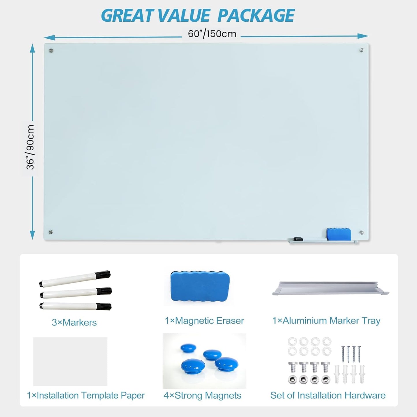 Magnetic Glass Dry Erase Board 36"x60" Glass Whiteboard 36"x60" Wall Mounted White Glassboard Frameless Writing GlassBoard for Office School Home Shop