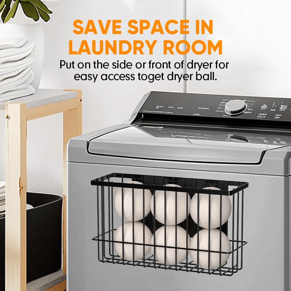 Magnetic Dryer Ball Holder for Laundry Room Organization and Storage, Magnetic Lint Bin for Laundry Room, Iron Dryer Ball Container for Laundry Room Storage (No Balls, Black)