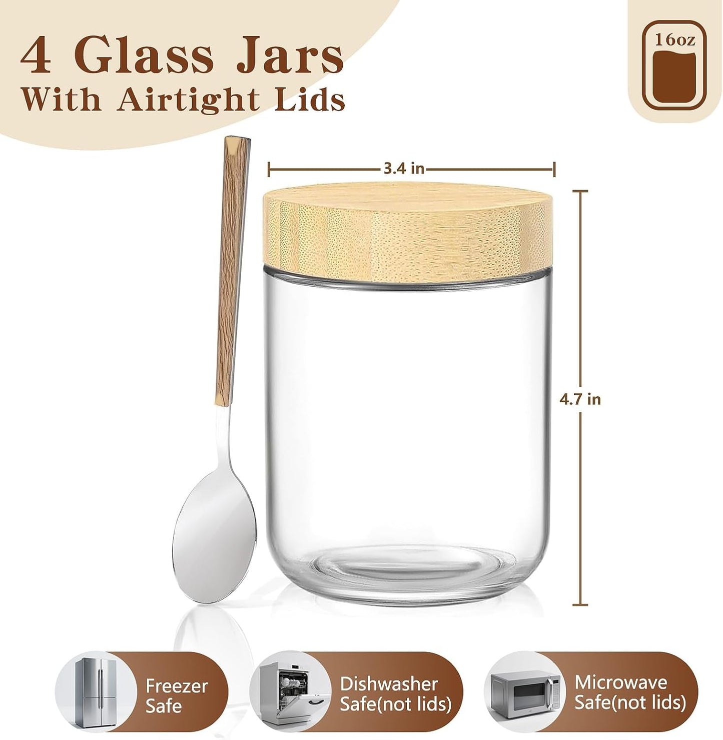 16oz Overnight Oats Containers with Bamboo Lids, Glass Jars with Airtight Lids, Wide Mouth Mason Meal Prep Jars, Food Storage Container for Yogurt Salad Chia Pudding Snacks Spice Sugar,4 Pack