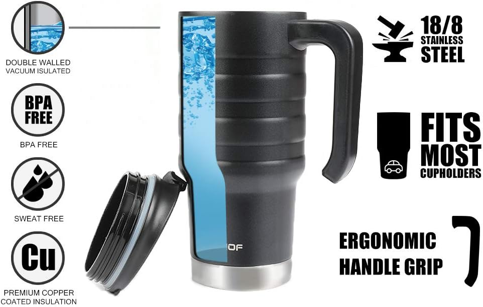 HAUSHOF 24 oz Travel Mug, Stainless Double Wall Vacuum Insulated Tumbler with Handle & Spill Proof Twist On Flip Lid and Wide Mouth, BPA Free