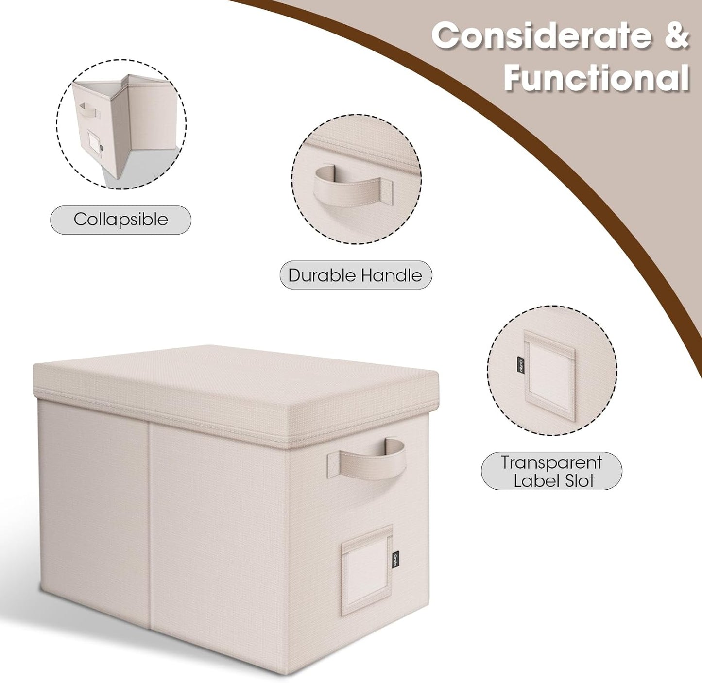 File Organizer Boxes with Lid, Linen Hanging File Storage Boxes with Handle, Collapsible Document Filling Boxes for Letter/Legal Folder, Portable File Box for Office/Decor/Home (2 Pack, Ivory)