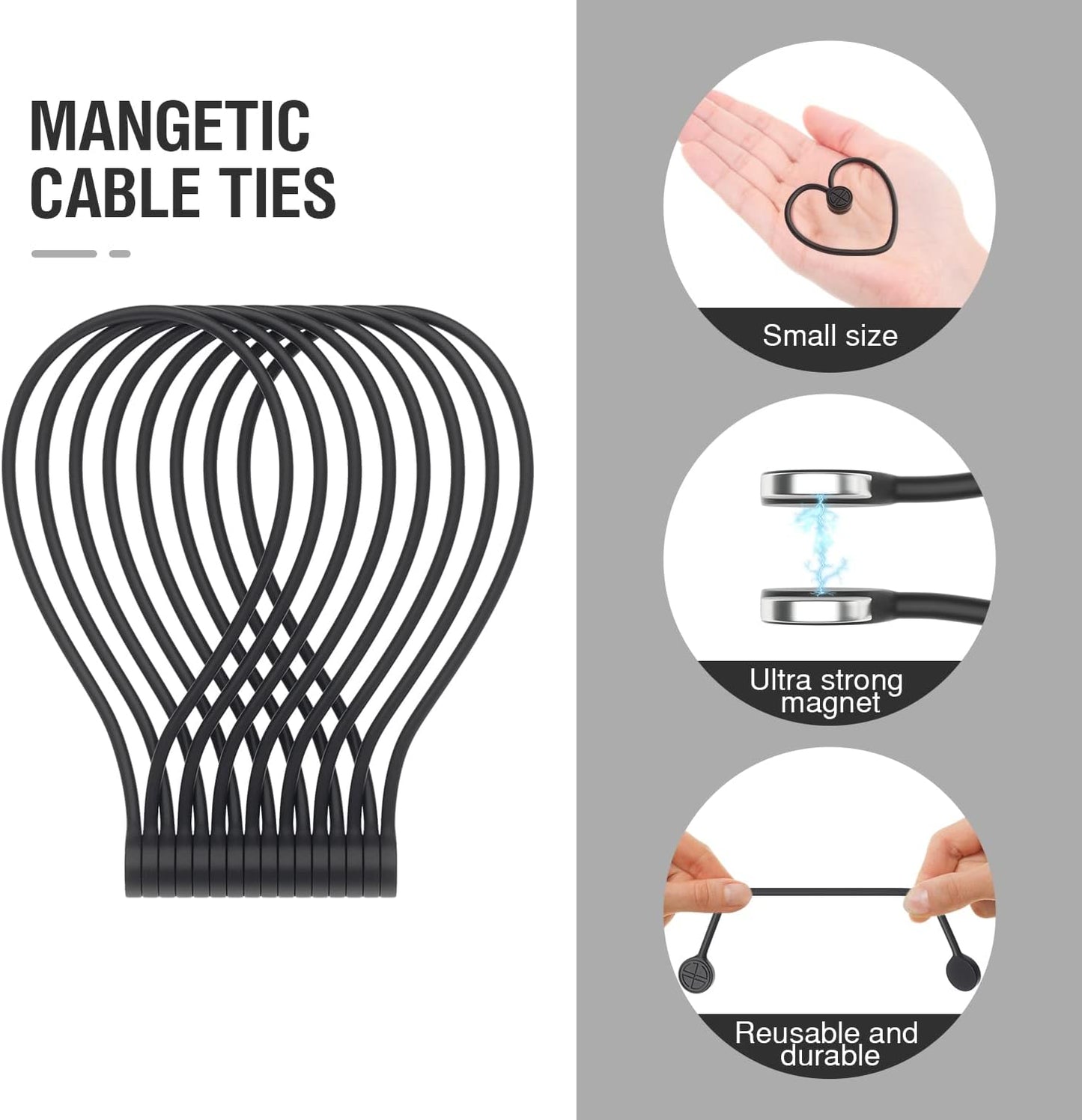 Magnetic Twist Ties, Reusable Silicone Cable Ties with Strong Magnet for Bundling and Organizing,Cord Wrap Clip Straps for Home or Office (Black-16 Packs)
