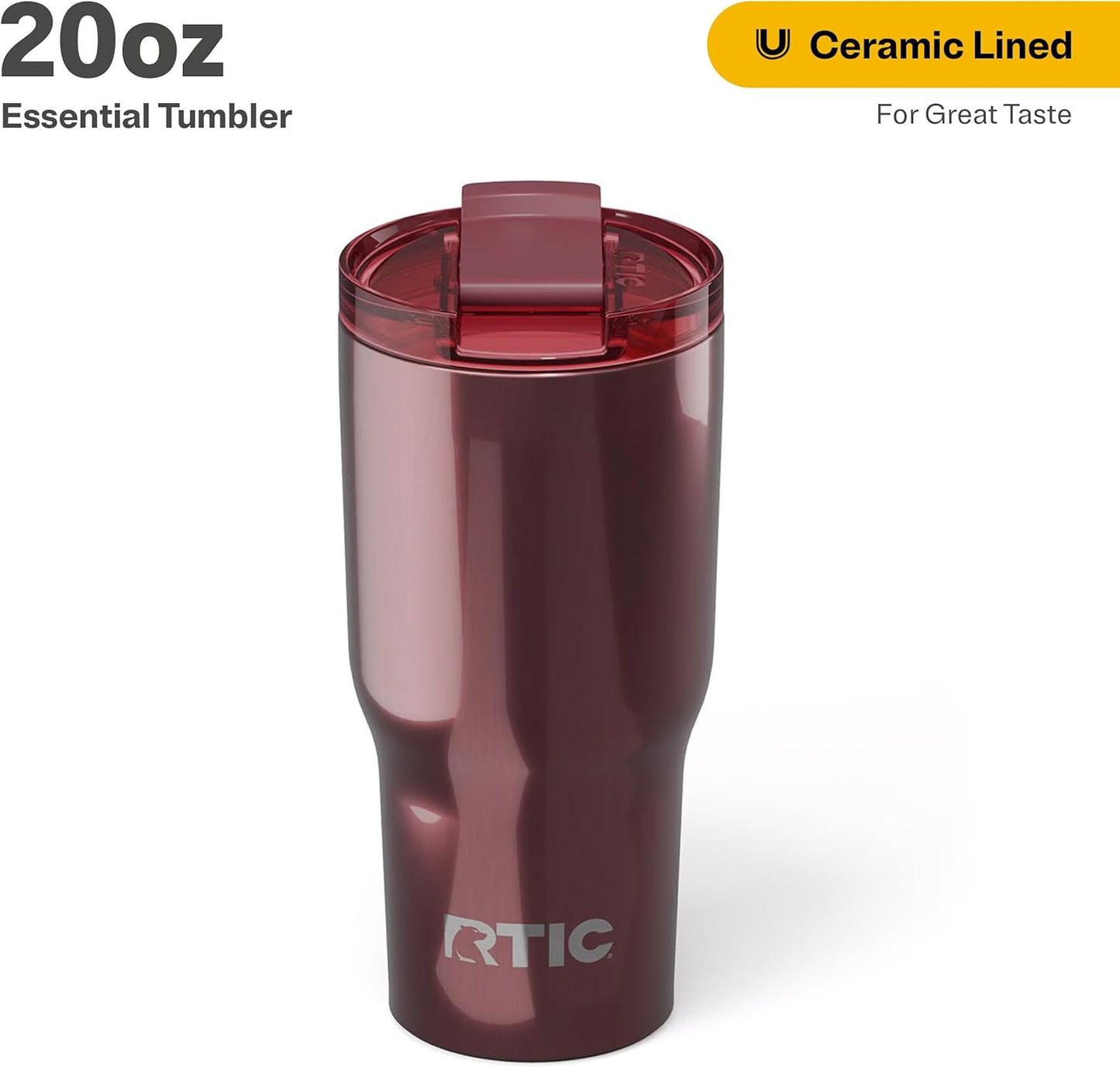 RTIC 20oz Essential Tumbler with Lid, Ceramic Lined, Insulated, Stainless Steel, Metal, Double Wall Vacuum-Insulation, Travel Cup for Iced Coffee, Tea, Hot and Cold Drink, Vintage Rose Metallic