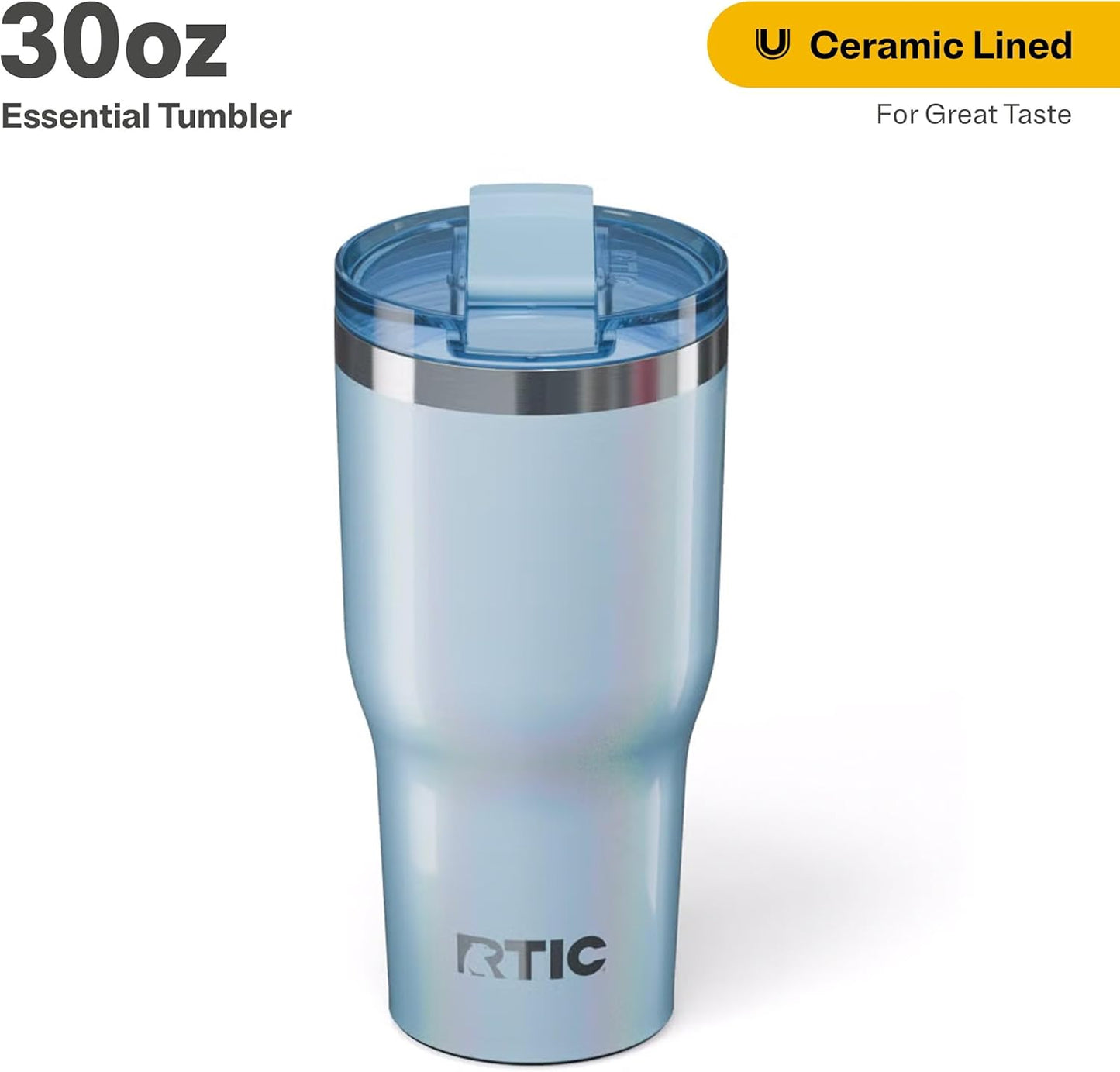 RTIC 30oz Essential Tumbler with Lid, Ceramic Lined, Insulated, Stainless Steel, Metal, Double Wall Vacuum-Insulation, Travel Cup for Iced Coffee, Tea, Hot and Cold Drink, RTIC Ice Glitter