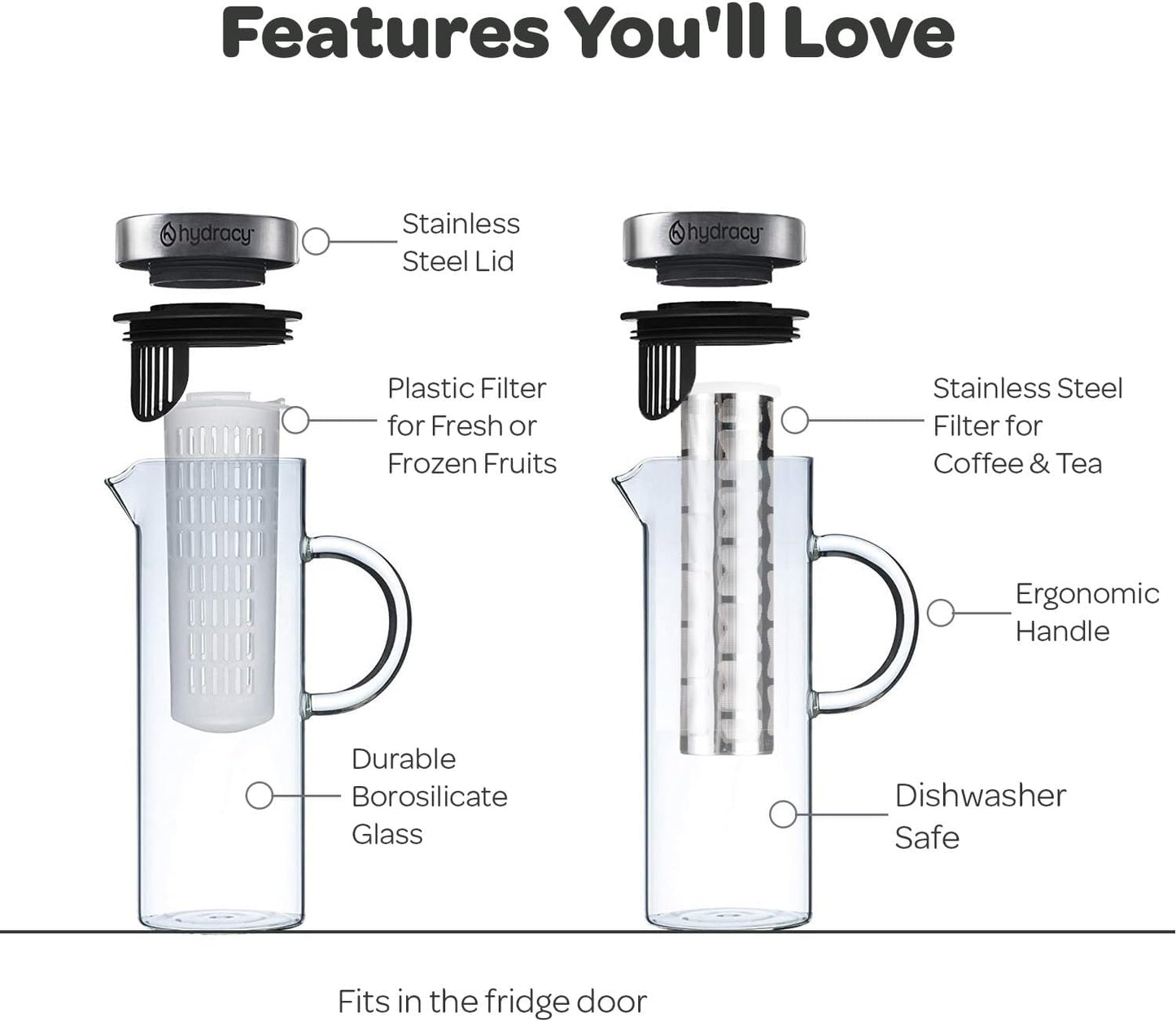 Cold Brew Coffee Maker - Large Glass Infusion Pitcher 1.6 Quarts 52oz - Iced Coffee & Iced Tea Pitcher with Stainless Steel Lid & Fruit Infusion Tube - Perfect for Home or Office