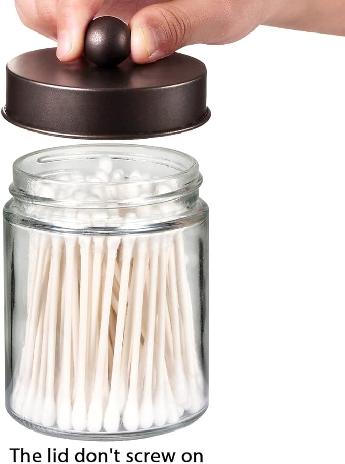 Amolliar Apothecary Jars Bathroom Storage Organizer - Cute Qtip Dispenser Holder Vanity Canister Jar Glass with Lid for Cotton Swabs,Rounds,Bath Salts,Makeup Sponges,Hair Accessories/Bronze (1 Pack)