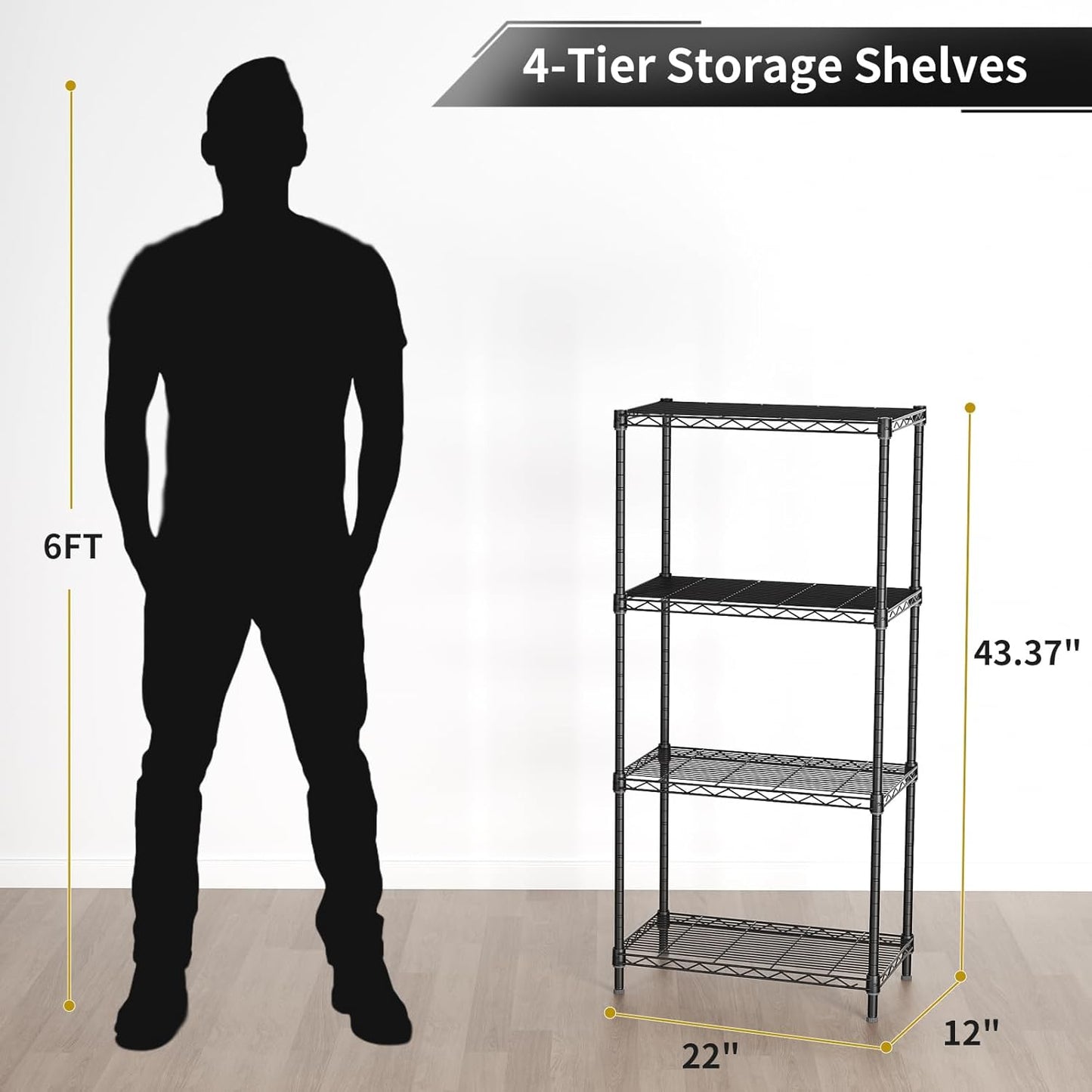 4 Tier Adjustable Storage Shelves,Heavy Duty Metal Utility Shelf 600LBS Capacity,Wire Shelving Unit Organizer Rack for Home Kitchen Office BathroomM Pantry Room 12" D x 22" W x 43.5" H Black