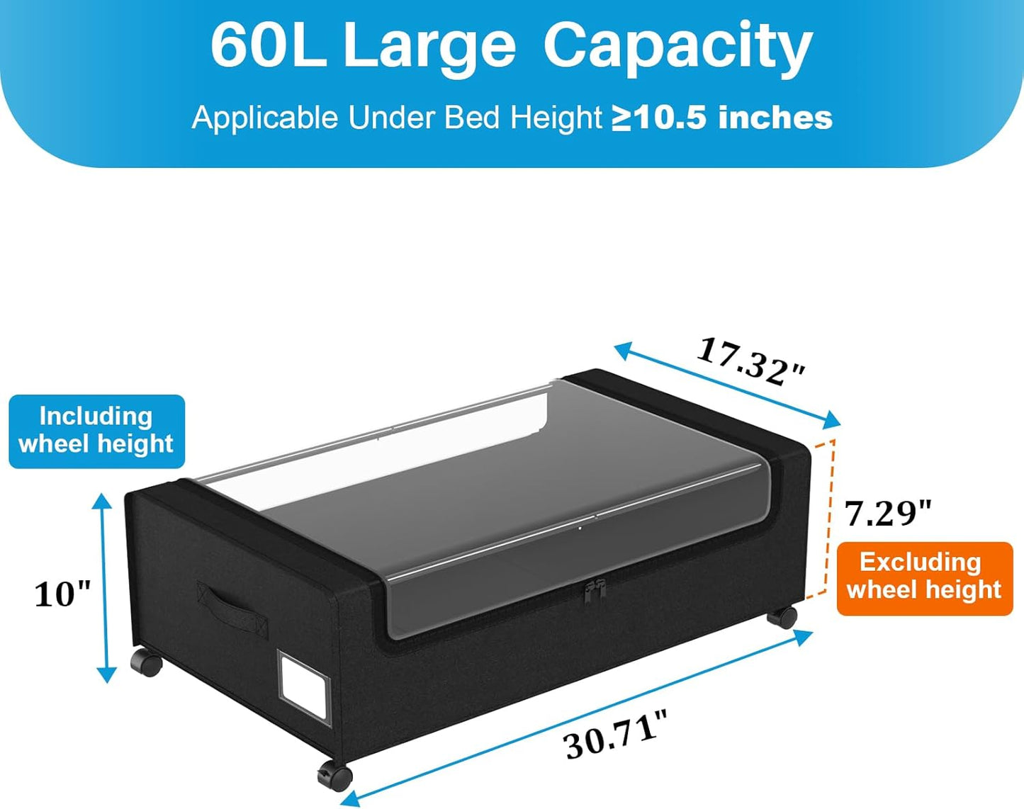 Under Bed Shoe Storage Organizer, 10 Inch Rolling Underbed Drawers for Clothes, Blankets, Winter Clothing & Shoes - Metal Frame Storage Bins with Handles, Dual Zippers, Clear Window 2 Pack Black