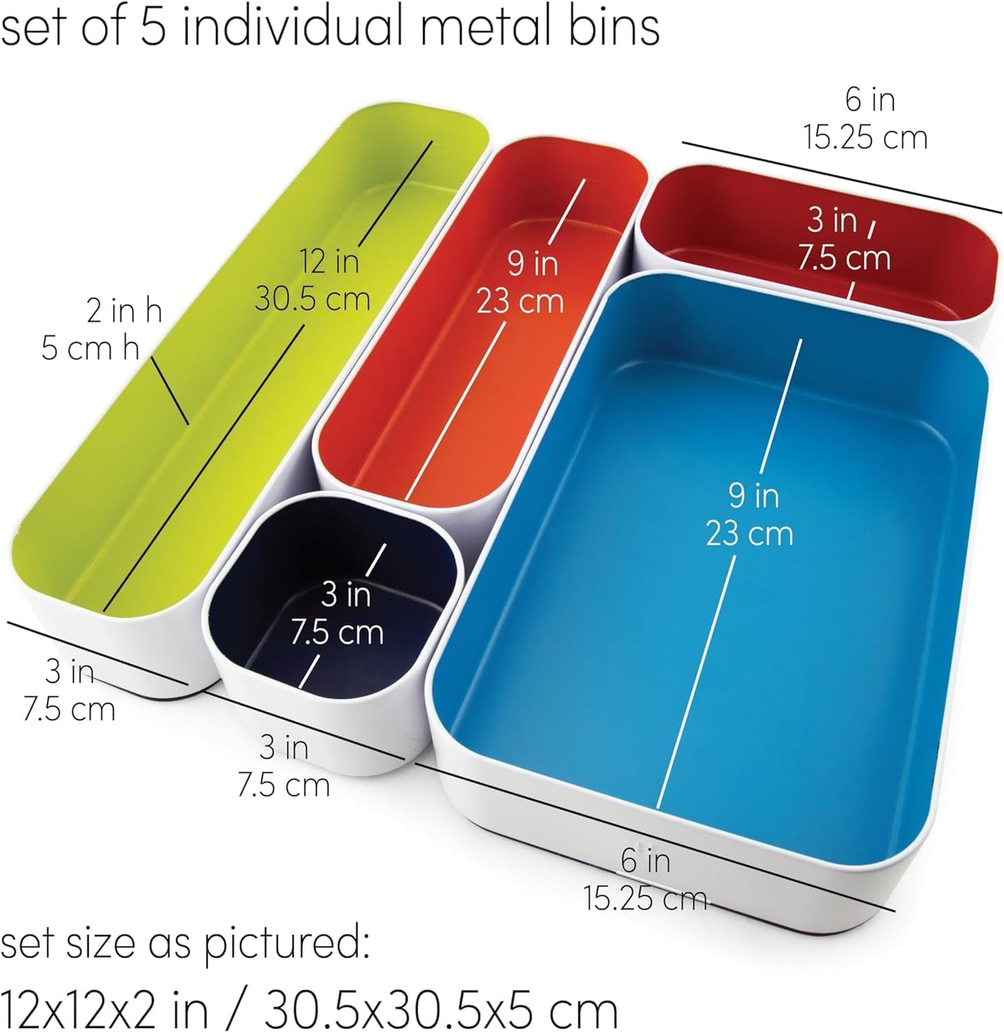 Three by Three Seattle 5 Piece Metal Organizer Tray Set for Storing Makeup, Stationery, Utensils, and More in Office Desk, Kitchen and Bathroom Drawers (2 Inch, Assorted Colors)