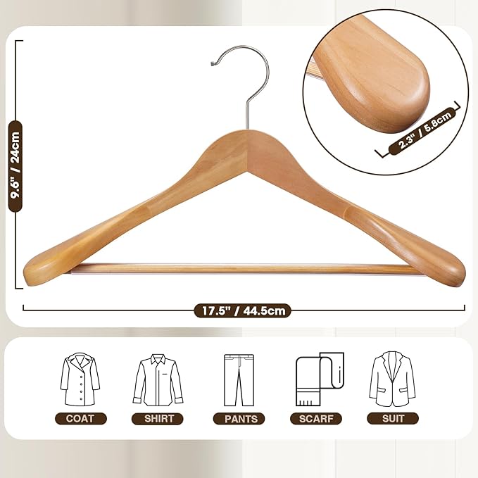 Suit Hangers 6 Pack,Wide Shoulder Wooden Hangers,Solid Wood Coat Hangers with Heavy Duty Retotating Hooks & Non Slip Pants Bar,Smooth Finish Clothes Hanger for Sweater, Pants, Jacket(Natural)