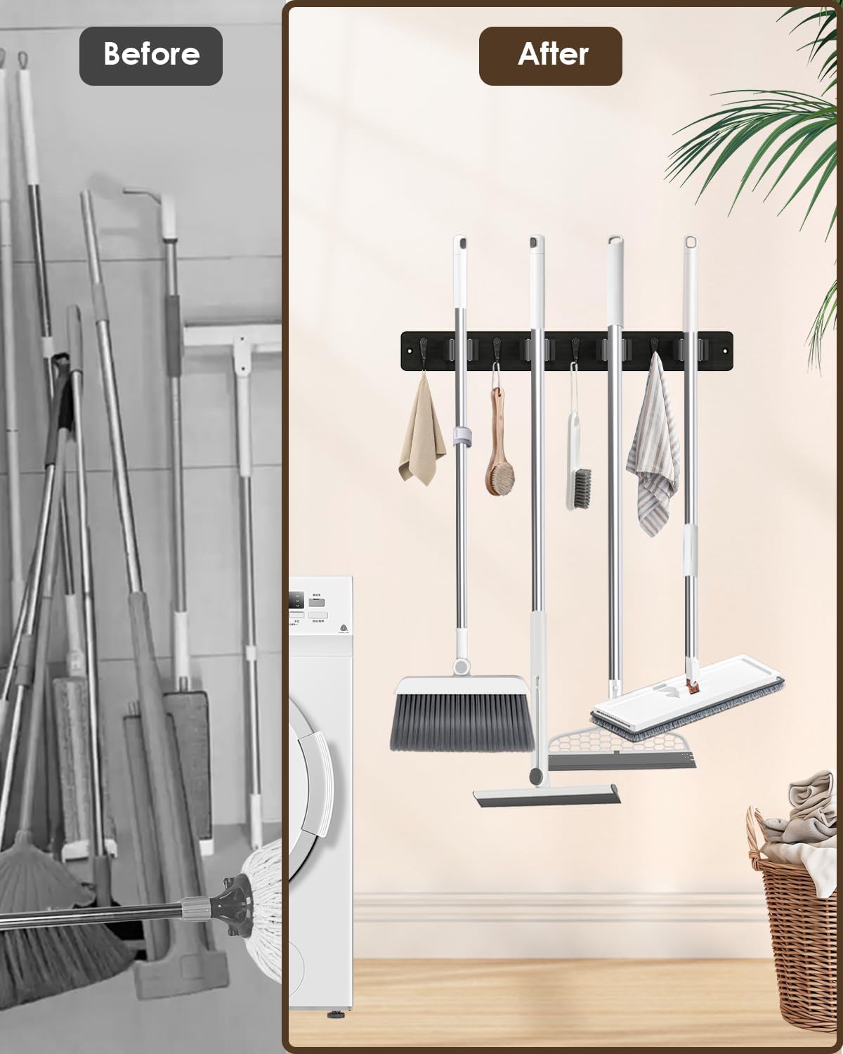 AceMining Broom Holder Wall Mounted, Black 4 Holders and 4 Hooks Mop Holder, Wooden Mop and Broom Holder with Anti slip rubber, Natural pine wood Brush Holder, Mop Wall Holde with Nail installation