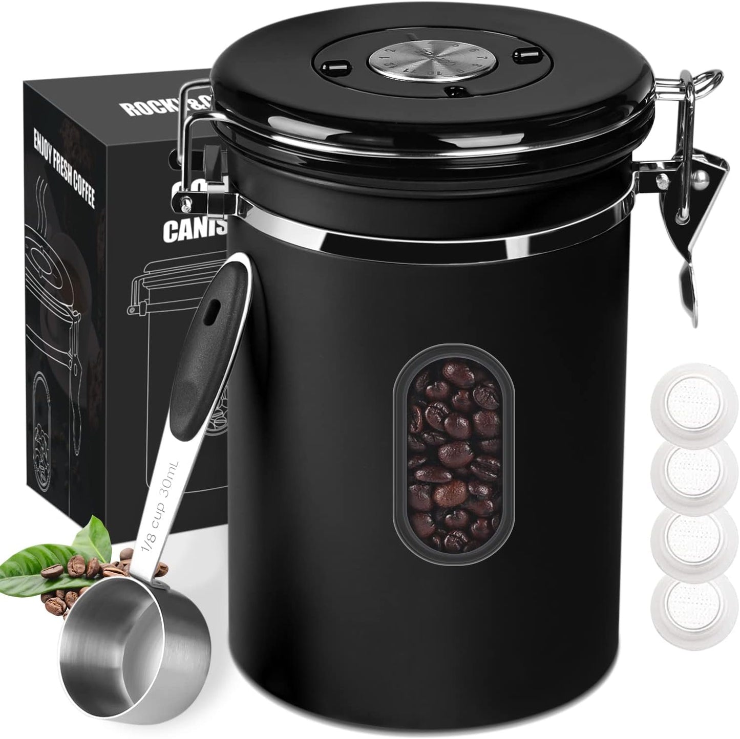 ROCKY&CHAO 2800ML Coffee Canister with Date Tracker&Transparent Window, 35OZ Coffee Container with 30ML Measure Spoon&4 co2 Valve, Coffee Bean Storage Container for Grounds Coffee, Beans, Tea(Black)