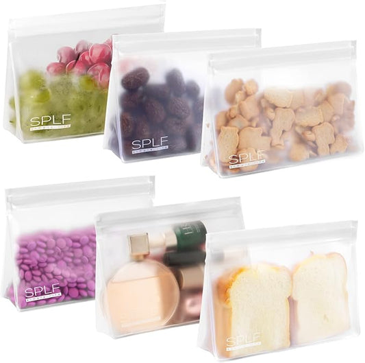 SPLF 6 Pack Dishwasher Safe Reusable Sandwich Bags, Quart freezer bags, Reusable Food Storage Bags, BPA FREE Stand Up Extra Thick Leakproof Silicone Free Zipper Snack Lunch Freezer Bags