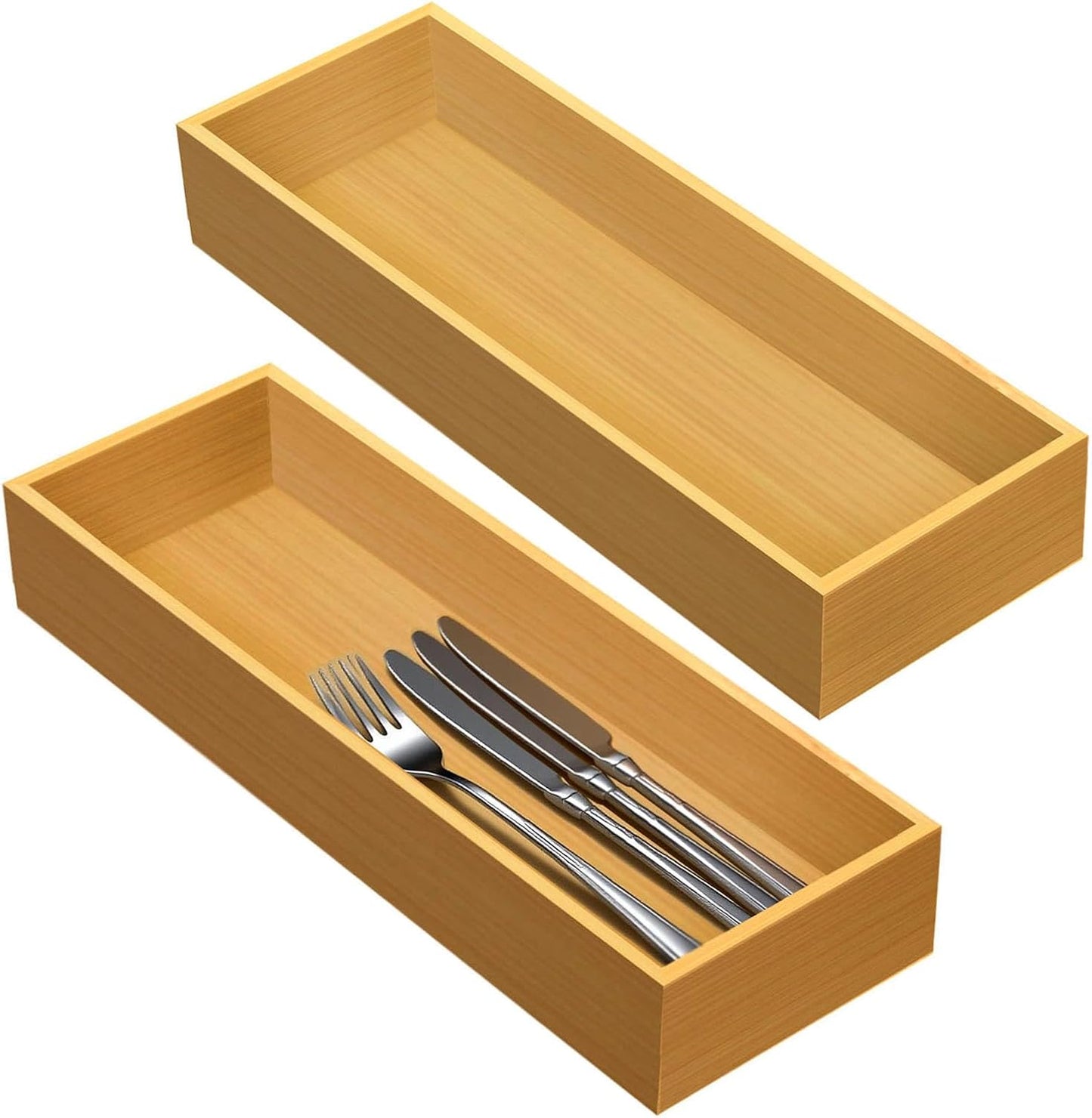 Set of 2 Bamboo Drawer Organizer, Stackable Utensil Organizer for Kitchen, Bamboo Storage Box Wood Silverware Tray for Drawer