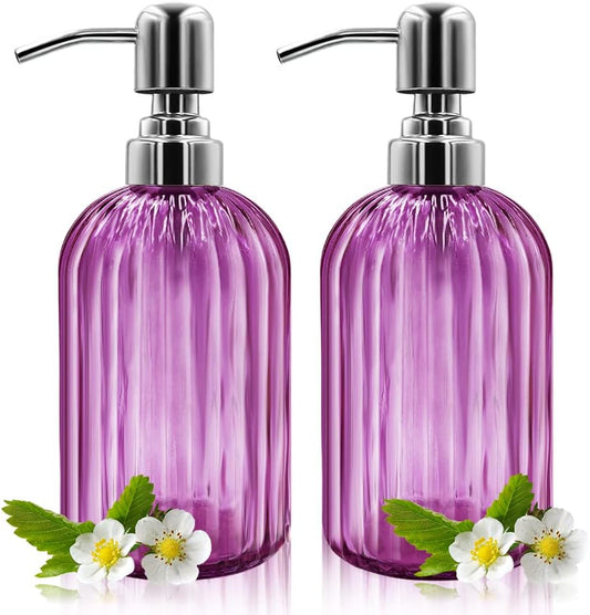 Soap Dispenser - 2 Pack 14 Oz Glass Soap Dispenser with Rust Proof Stainless Steel Pump, Refillable Liquid Bottle Dispenser, Premium Hand Jar Dispenser for Bathroom, Kitchen, Countertop (Purple)