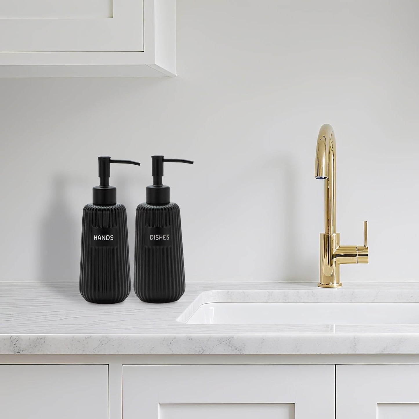 Kitchen Soap Dispenser Set with Stainless Steel Pump and Funnel, Modern Ceramic Refillable Hand and Dish Soap Dispenser Set for Kitchen, Bathroom, Office, Hotel, Matte Black