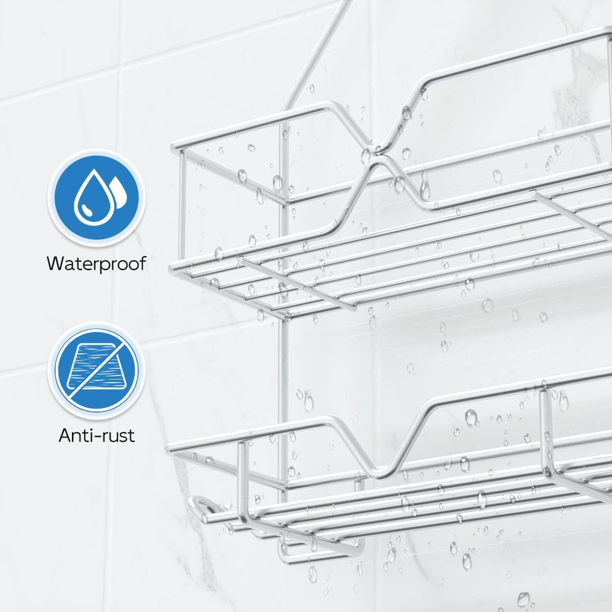 TreeLen Rustproof Shower Caddy, Hanging, Stainless Steel, 4 Hooks, 2 Shelves, Non-Slip