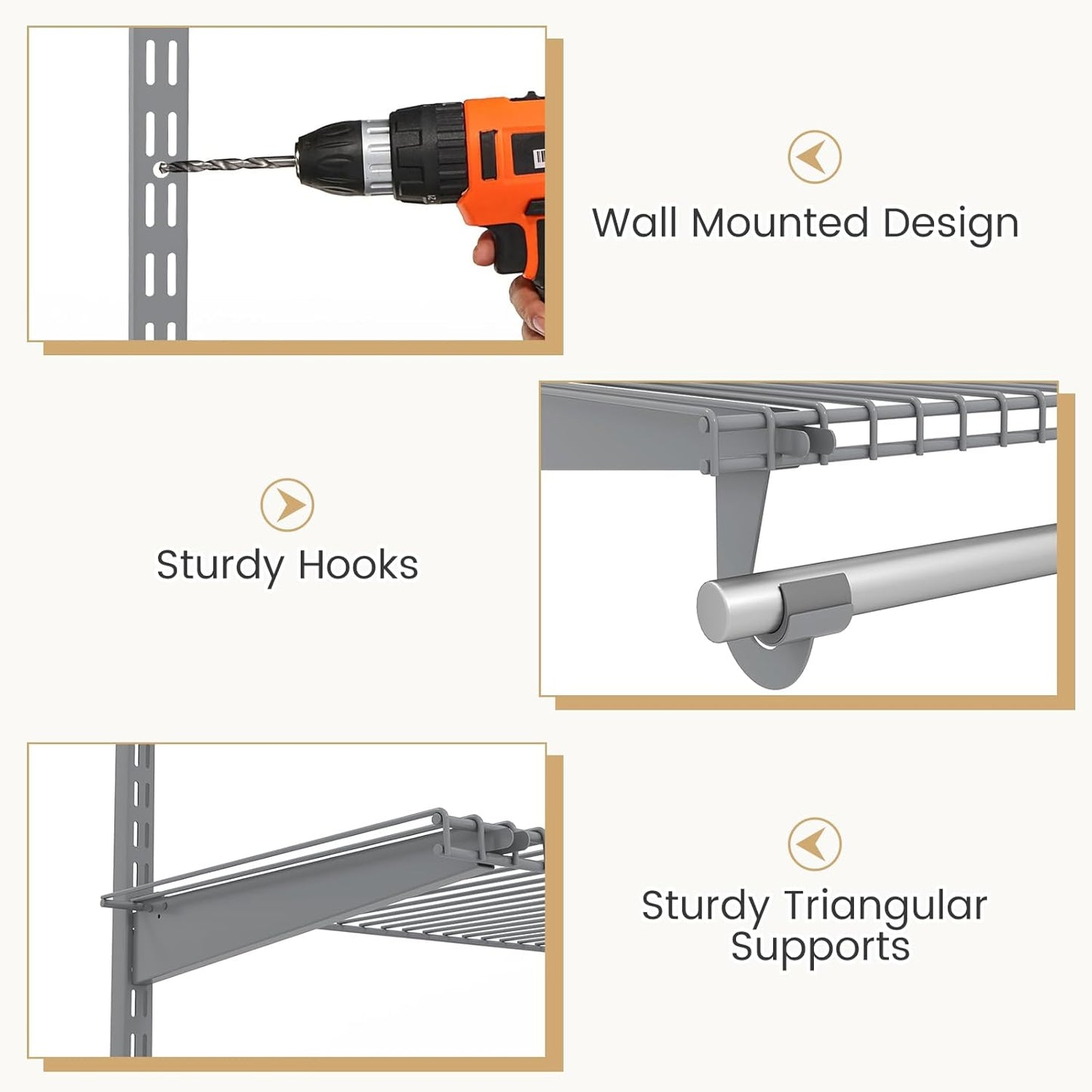 Giantex Closet Organizer System, 4-8 FT Wall-Mounted Closet Shelves and Rod, Adjustable Closet Organization w/ Hanging Rod, DIY Expandable Modular Metal Wire Shelving for Laundry Bedroom (Grey)