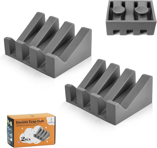 Silicone Soap Dish with Drain, Upgrade Double Suction Cups at The Bottom for Anti-Slip and Stability, Soap Dish Shower Waterfall Bar Soap Holder Tray with Drain Soap Holder (2, Grey)