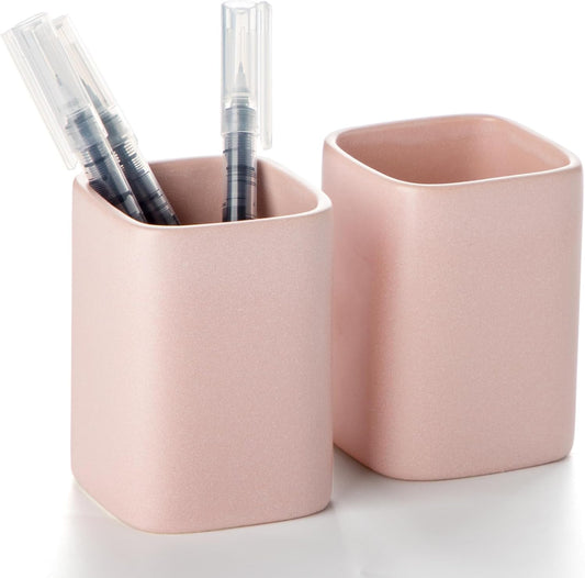 Pen Holder, 2 Pack Pencil Holder for Desk,Ceramic Pencil Cup Desk Organizer, Makeup Brush Holder Cute, Stationery Accessories for Office, School, Home (Matte pink)