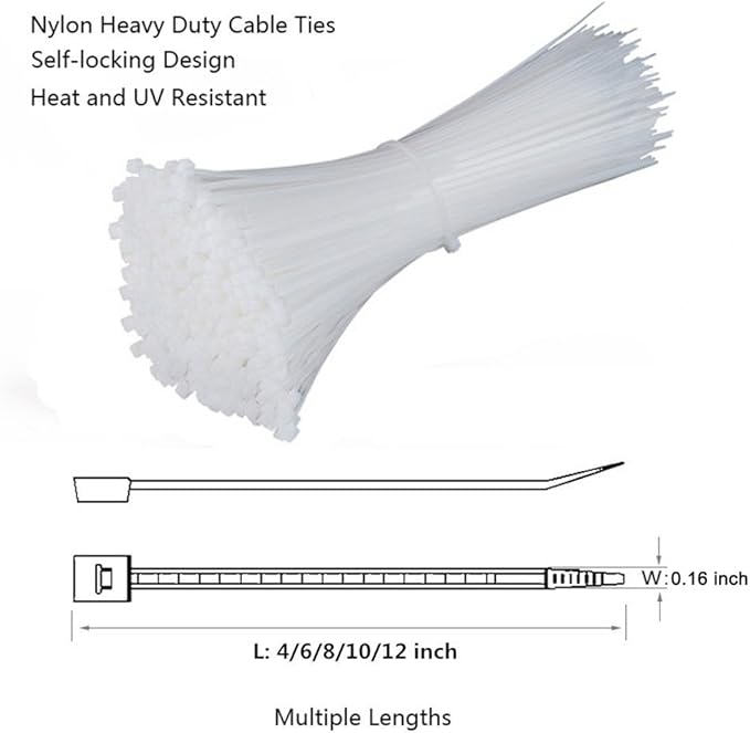 Self Locking Nylon Cable Zip Ties,4 6 8 10 12 Inches,Width 0.16inch,500Pcs HeavyDuty Wire Tie Wraps for Home,Office,Garden,Garage,Workshop (White)