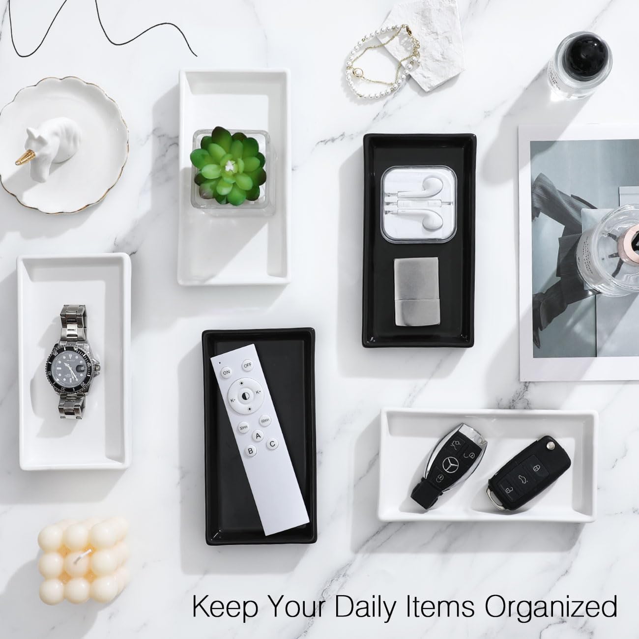 Luxspire Bathroom Vanity Tray, Mini Soap Dispenser, Small Ceramic Perfume and Jewelry Dish, Trinket Holder, Rectangle Candle Tray, Bath Organizer Kitchen Sink Narrow Dish, White