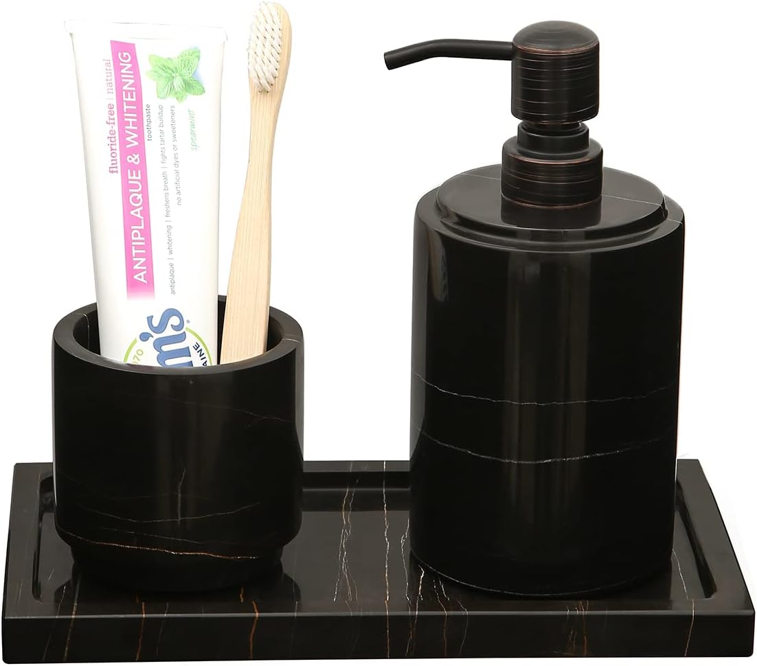 Natural Real Marble Bathroom Vanity Tray Countertop 9'' Makeup Organizer for Dresser, Guest Towel Holder Tray Napkin Holder for Bathroom (Black)