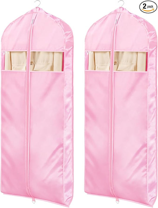 Univivi Super Soft Satin Garment Bags for Hanging Clothes, 60 Inch Zippered Dress Cover with Gussets, Breathable & Non-smell for Dresses, Coats, Jackets, Shirts, 2 Pack - Pink