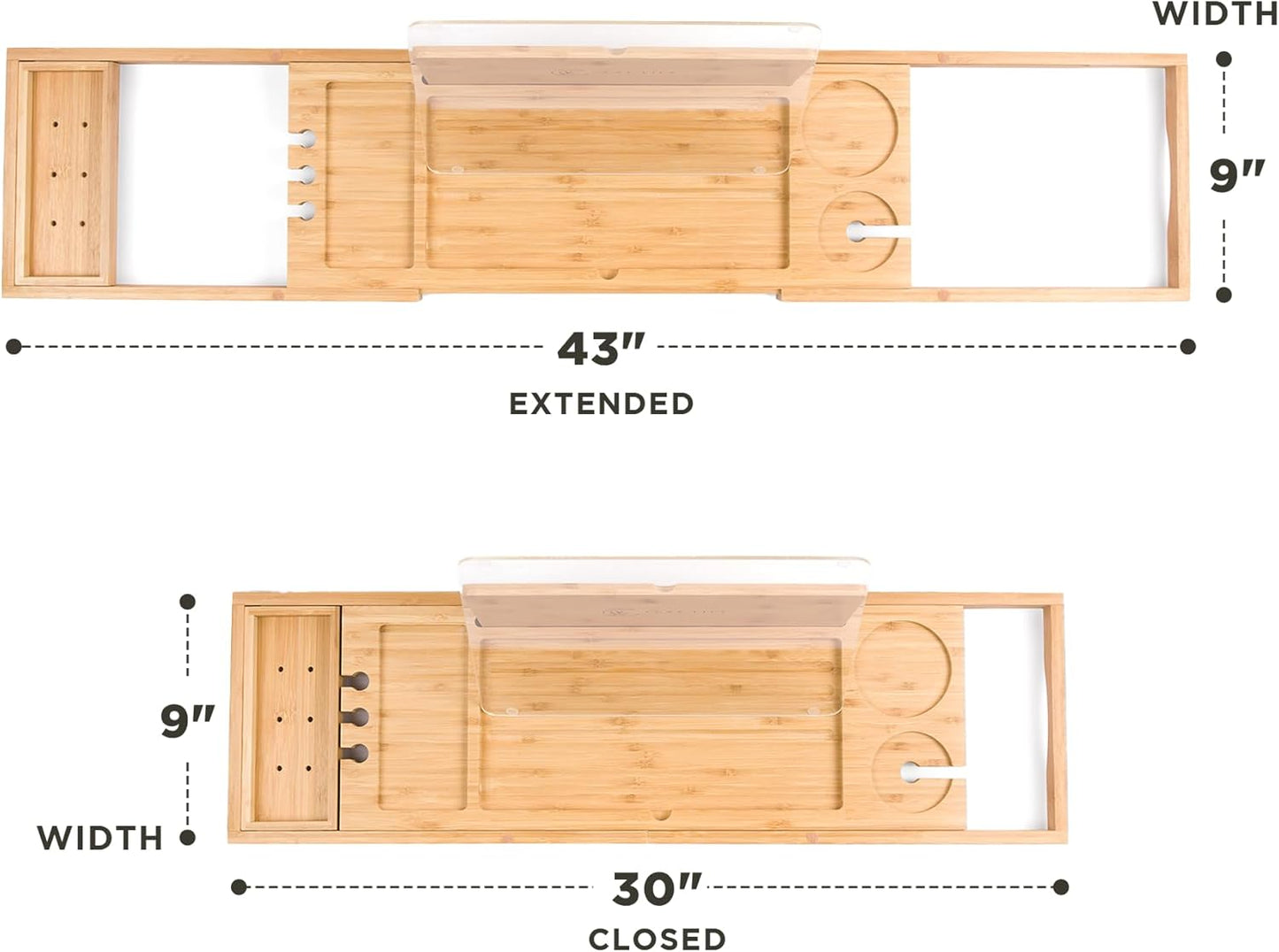 Waterproof Shield Keeps Your Book Open – Extendable Bamboo Bathtub Tray with Wine Glass Holder Protects from Drips and Splashes - Luxury Bath Tub Caddy Tray for Relaxing in The Bathtub