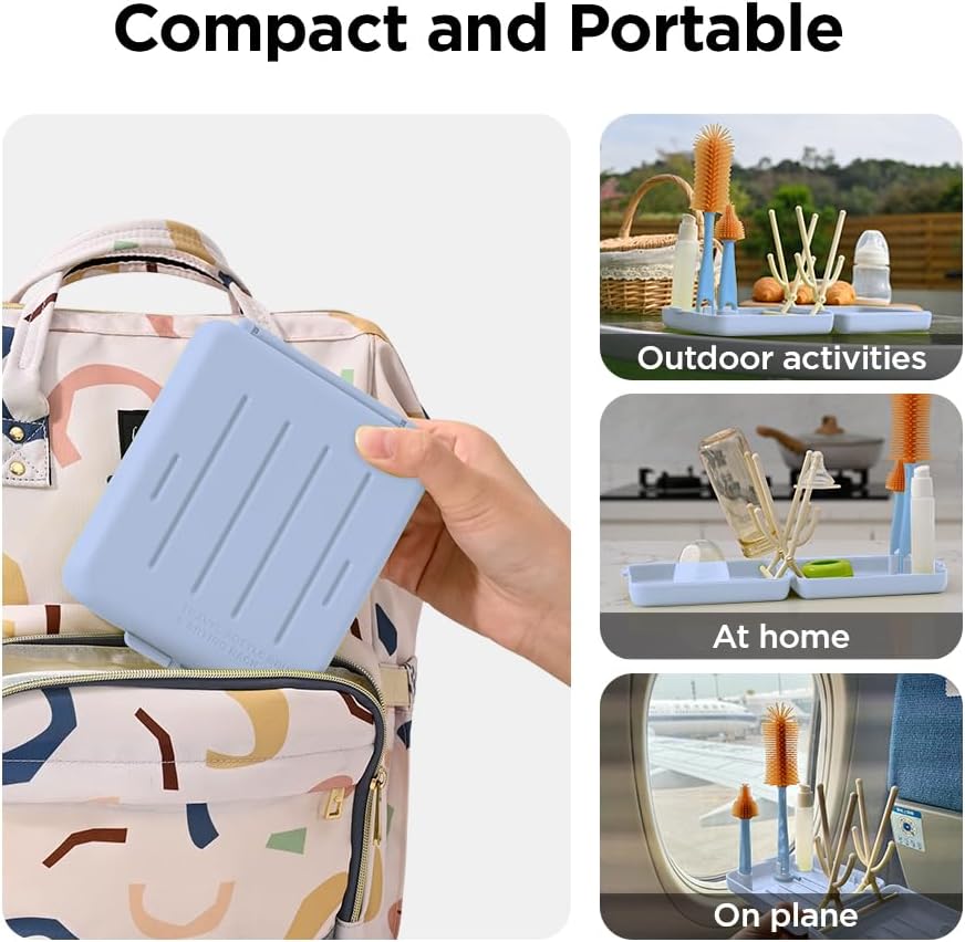 Travel Bottle Brush with Portable Bottle Drying Rack, Baby Bottle Brush for Baby Travel Essential, Blue