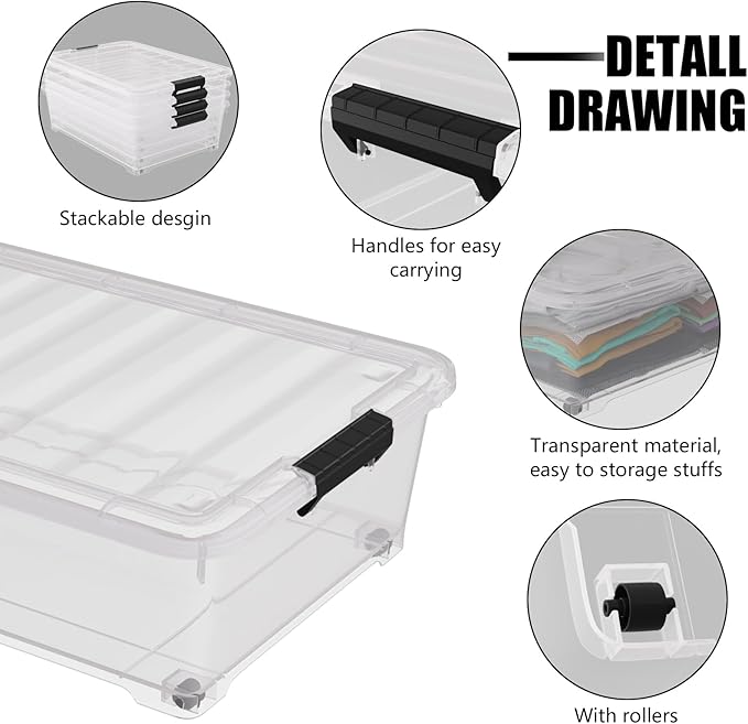 4 Pack Multipurpose 25 Qt Underbed Secure Latching Bin, Plastic Storage Container with Snap-On Lid and Wheels, Clear