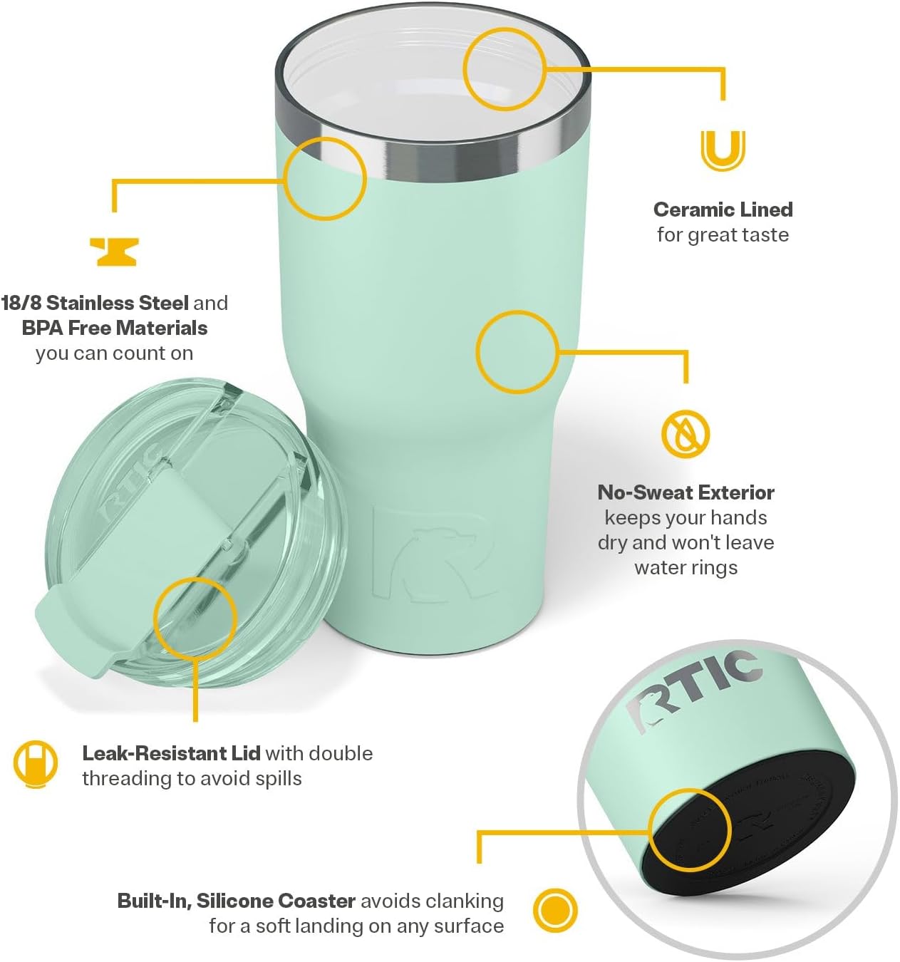 RTIC 20oz Essential Tumbler with Lid, Ceramic Lined, Insulated, Stainless Steel, Metal, Double Wall Vacuum-Insulation, Travel Cup for Iced Coffee, Tea, Hot and Cold Drink, Fresh Mint