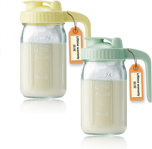 32oz Glass Pitcher with Lid & V-shaped Pour Spout - 1 Quart Double Leak Proof, Creamer Container for Sun Tea, Juice, Cold Brew Coffee, Breastmilk Storage Container