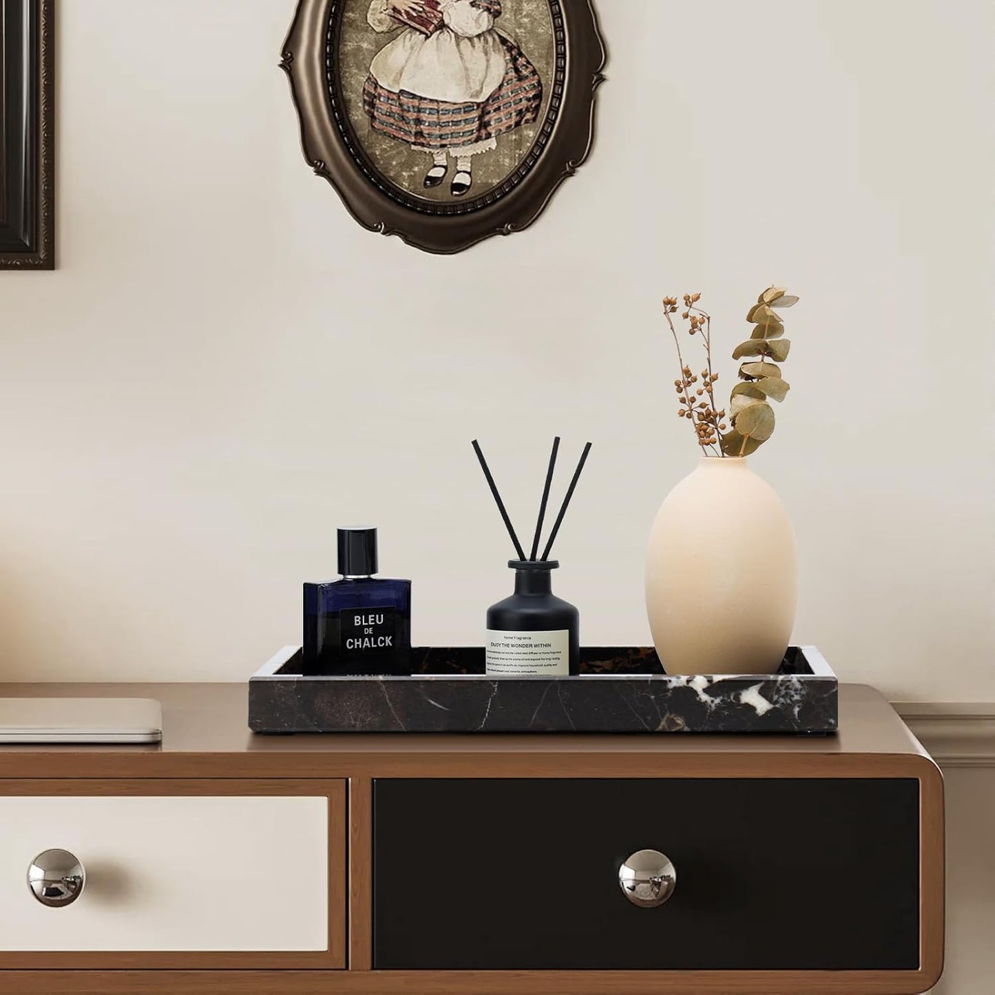 Real Natural Marble Tray for Bathroom, Vanity, Kitchen and Desktop, Rectangle Genuine Marble Stone Tray for Jewelry, Cosmetics, Candles, Lotion, Perfume and Home Decor Brown