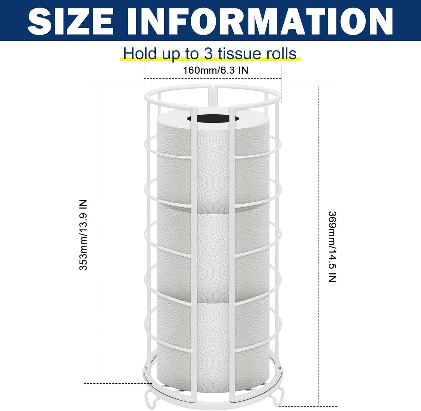 NearMoon Toilet Paper Organizer Stand, Free Standing 3 Rolls Tissue Storage, Metal Bathroom Accessory, Rustproof Toilet Roll Holder for Kitchen Countertop Inside Cabinet Shelf(Metal Base, White)